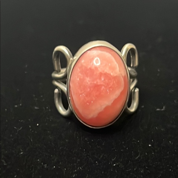 Jewelry - Vintage Sterling Silver Scroll Band Large Pink Rhodochrosite Oval Stone Ring Sz6